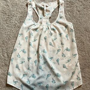 Lauren Conrad Blouse Tank XS bird print pattern Ruffle Back